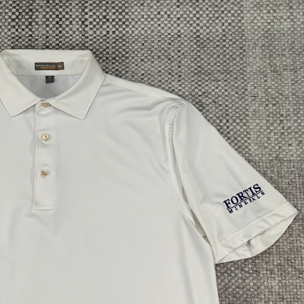 Peter Millar Polo Shirt Mens Medium White Summer Comfort Fortis Minerals Logo